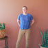 Chris is wearing the Canyon size D Tee in a rayon knit. 